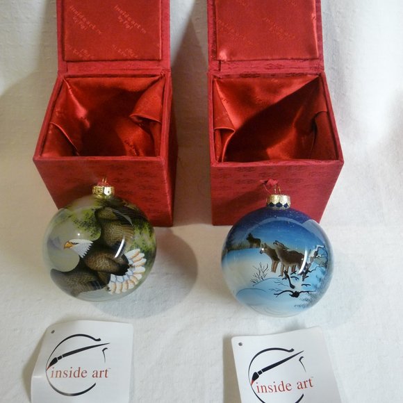 2 Inside Art Blown Glass Hand Painted Ornaments by FIGI Bald Eagle & Coyotes - Picture 1 of 11